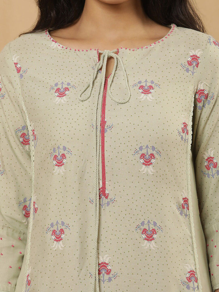 W Floral Printed Tie-Up Neck A-Line Kurta with Trouser