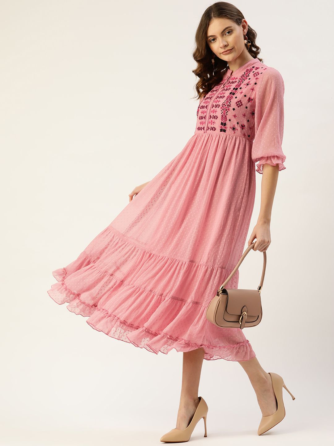 Antheaa Rose Dobby Woven Embellished Maxi Layered Dress