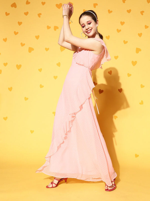 Berrylush Women Pretty Pink Self-Design Feminine Frills Dress