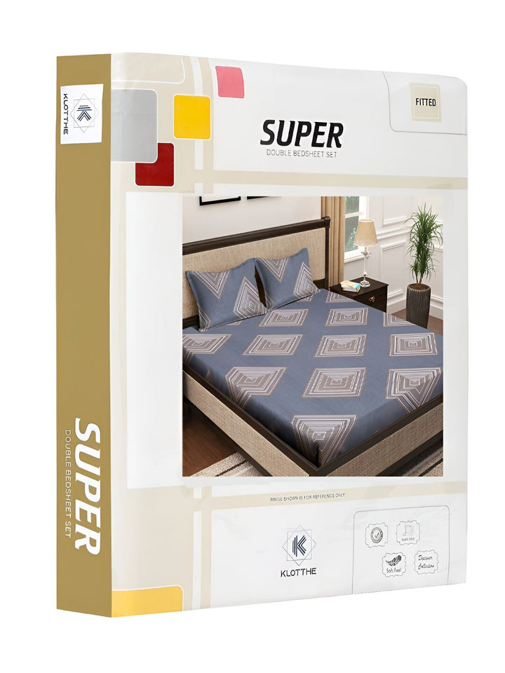 KLOTTHE Printed 300 TC Double Fitted Bedsheet with 2 Pillow Cover In Book Fold Packing