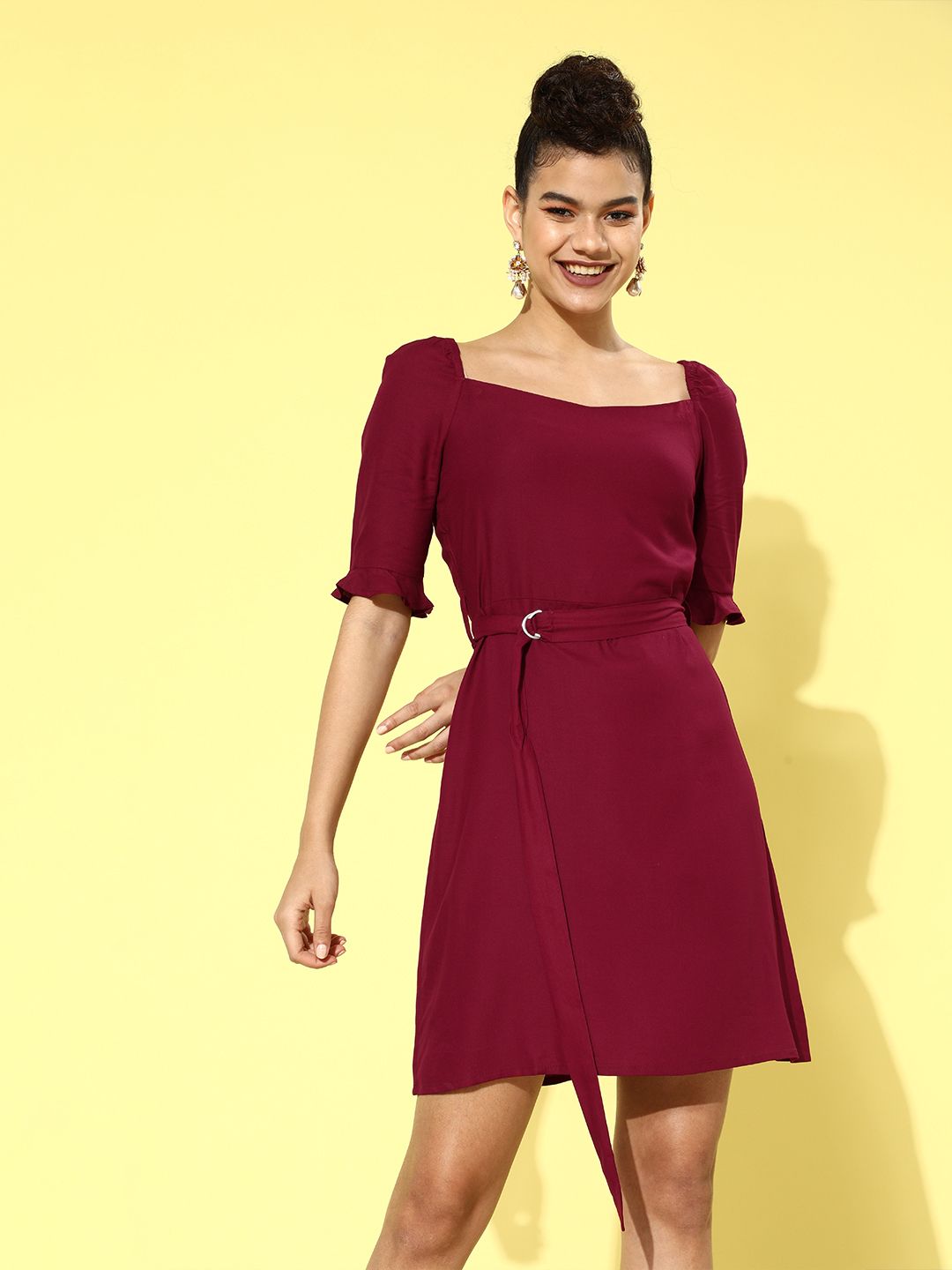 DressBerry Women Maroon Solid Belted Dress