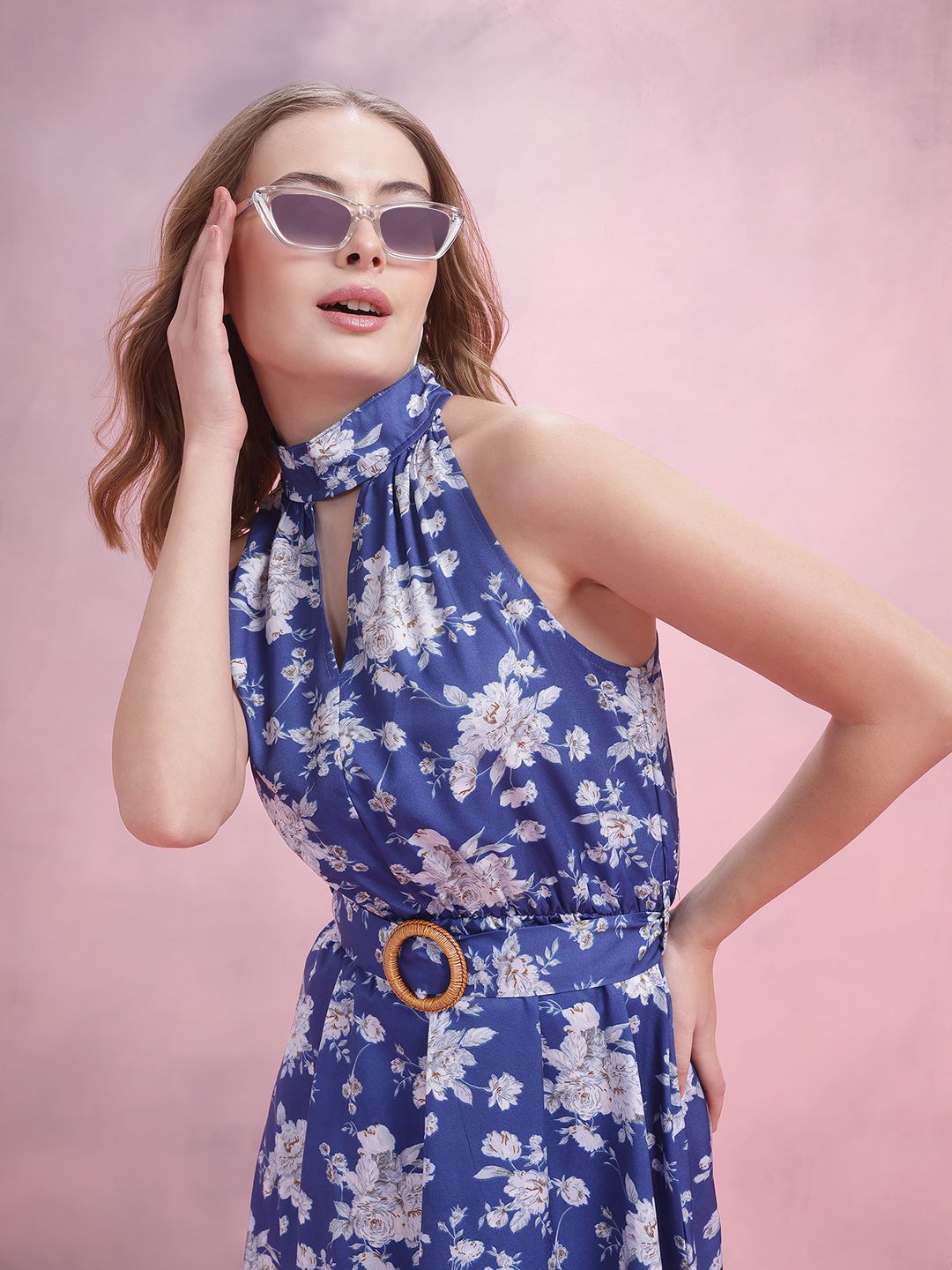 DressBerry Floral Print Belted A-Line Midi Dress