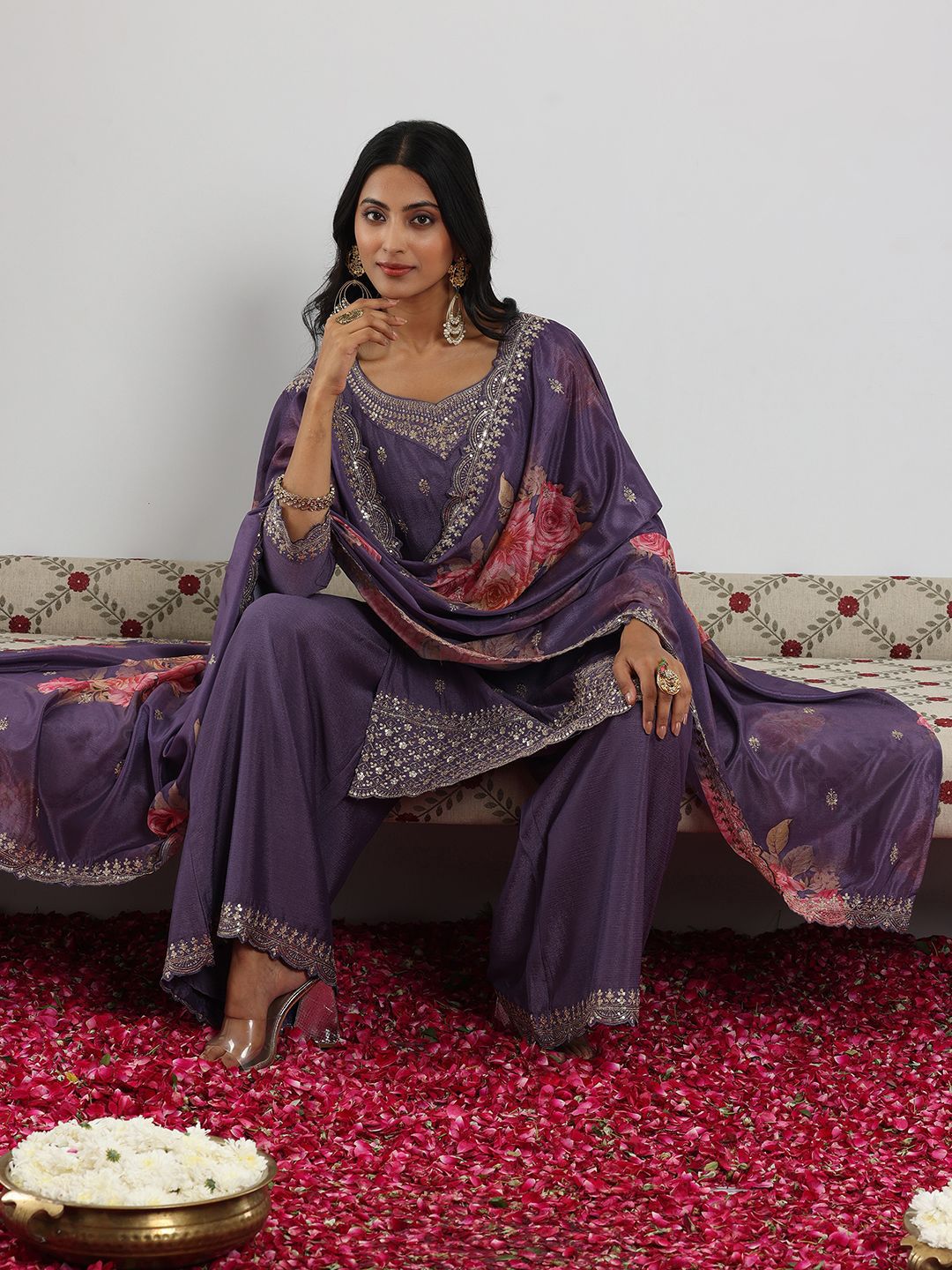 Libas Women Floral Embroidered Regular Kurta with Palazzos & With Dupatta