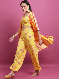 Vishudh Yellow Printed Regular Top with Palazzos And Jacket