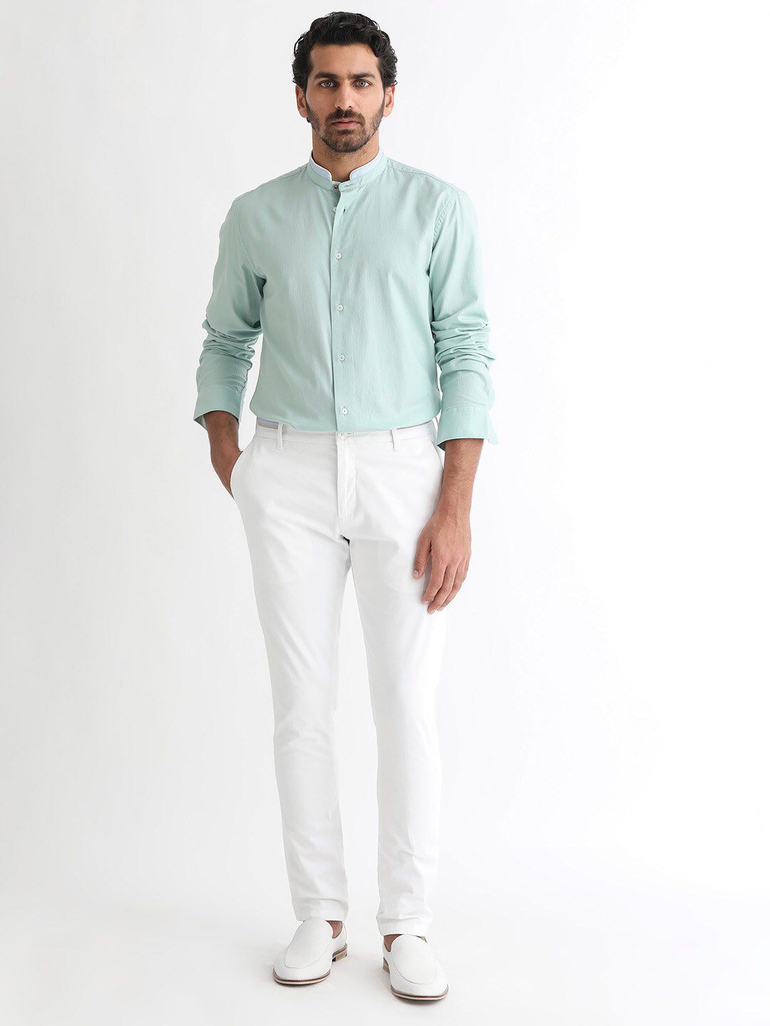 RARE RABBIT Men Tehran Slim Fit Band Collar Cotton Shirt