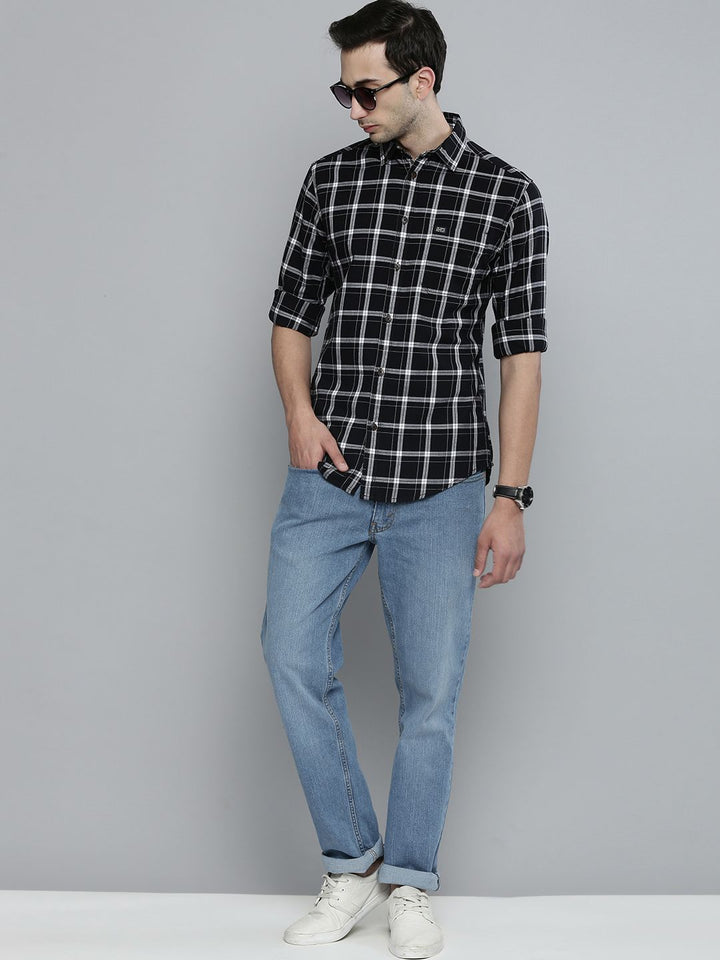 The Indian Garage Co Men Black Cotton Slim Fit Opaque Checked Casual Shirt
