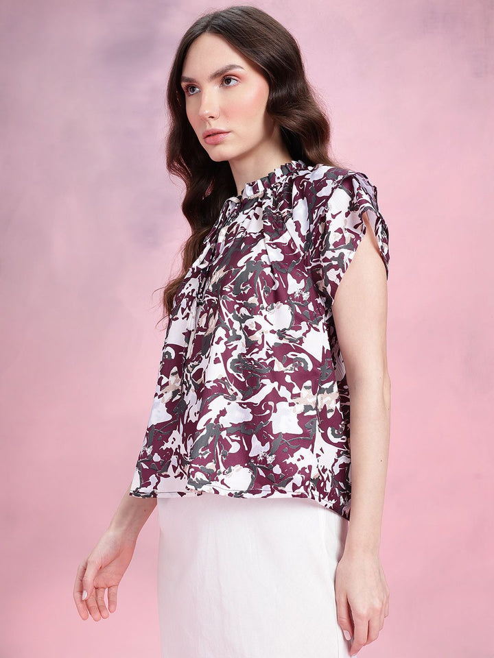 DressBerry Abstract Print Tie-Up Neck Flutter Sleeves Top with Ruffled Detail