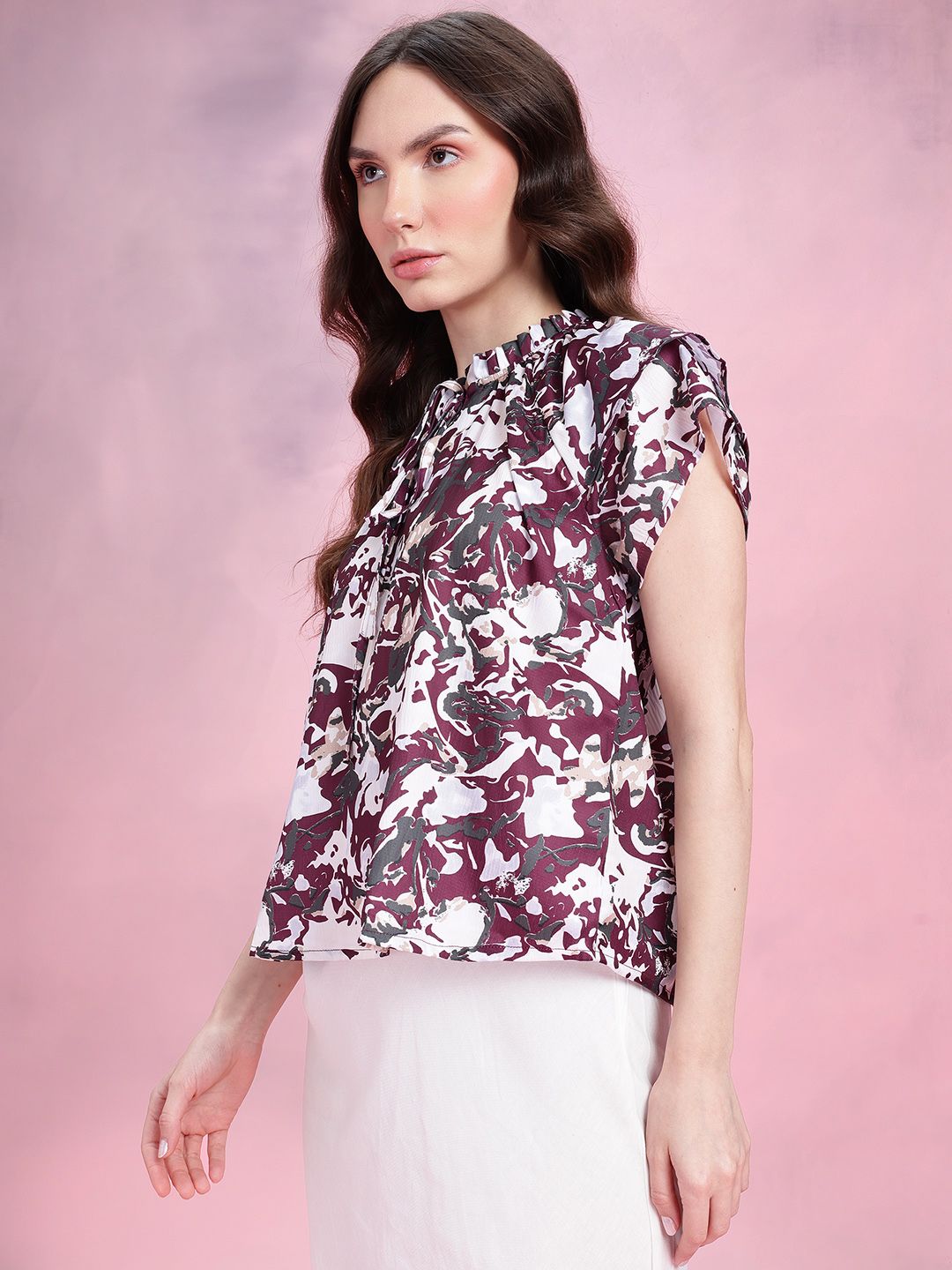 DressBerry Abstract Print Tie-Up Neck Flutter Sleeves Top with Ruffled Detail