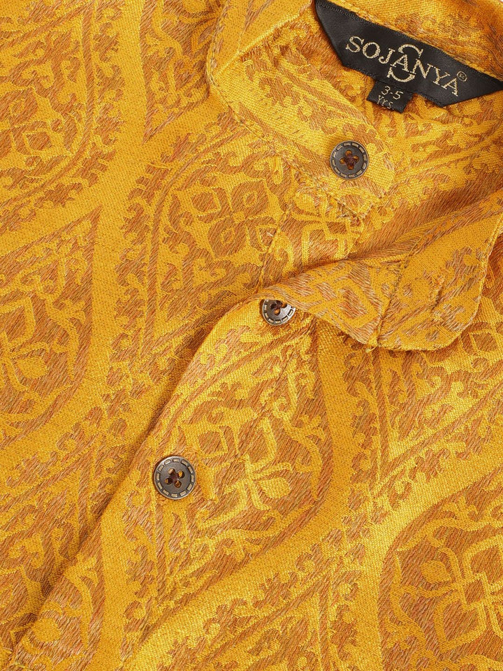 SOJANYA Lelaki Mustard & Motif Etnik Coklat Rekaan Tenunan Jacquard Anyaman Band Kolar Kurta