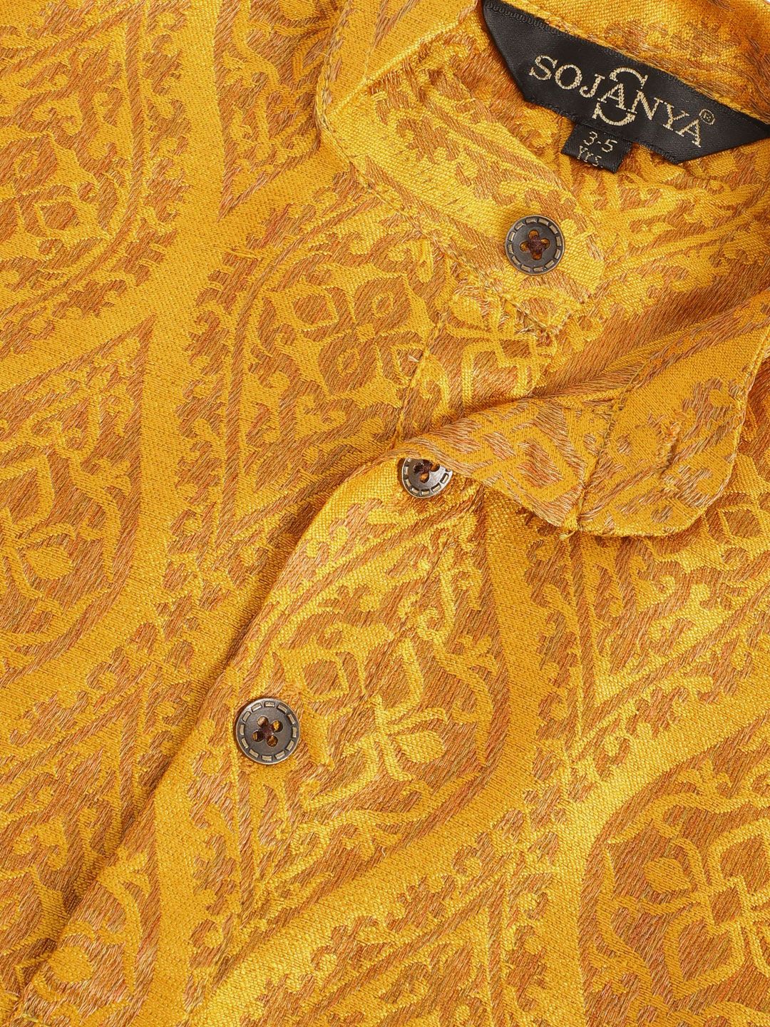 SOJANYA Lelaki Mustard & Motif Etnik Coklat Rekaan Tenunan Jacquard Anyaman Band Kolar Kurta