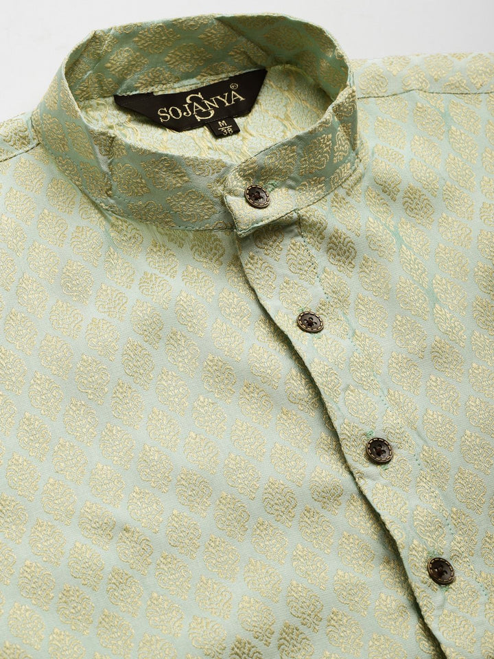 SOJANYA Men Green & Maroon Ethnic Motifs Kurta with Churidar & Nehru Jacket