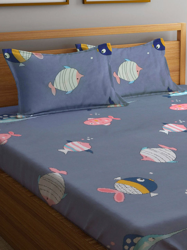 Watak Kartun KLOTTHE Biru & Merah Jambu 300 TC Cadar King dengan 2 Sarung Bantal