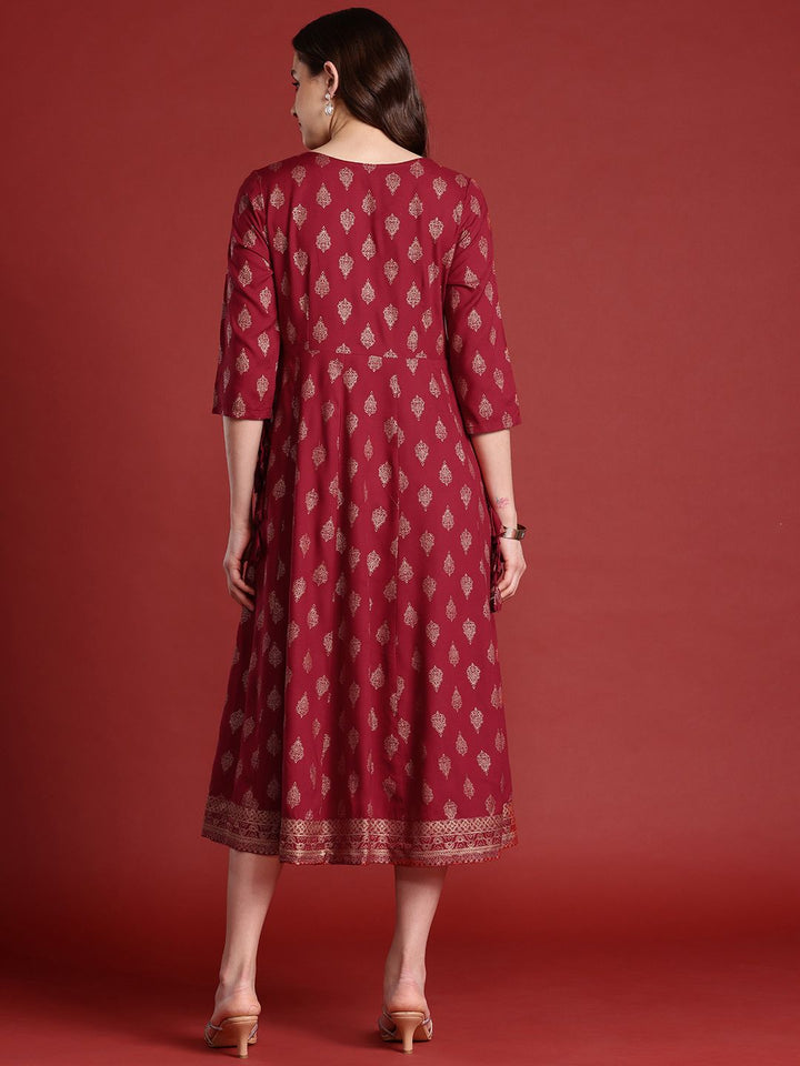 Anouk Tie-Up Tassels Detail Foil Print A-Line Midi Ethnic Dress