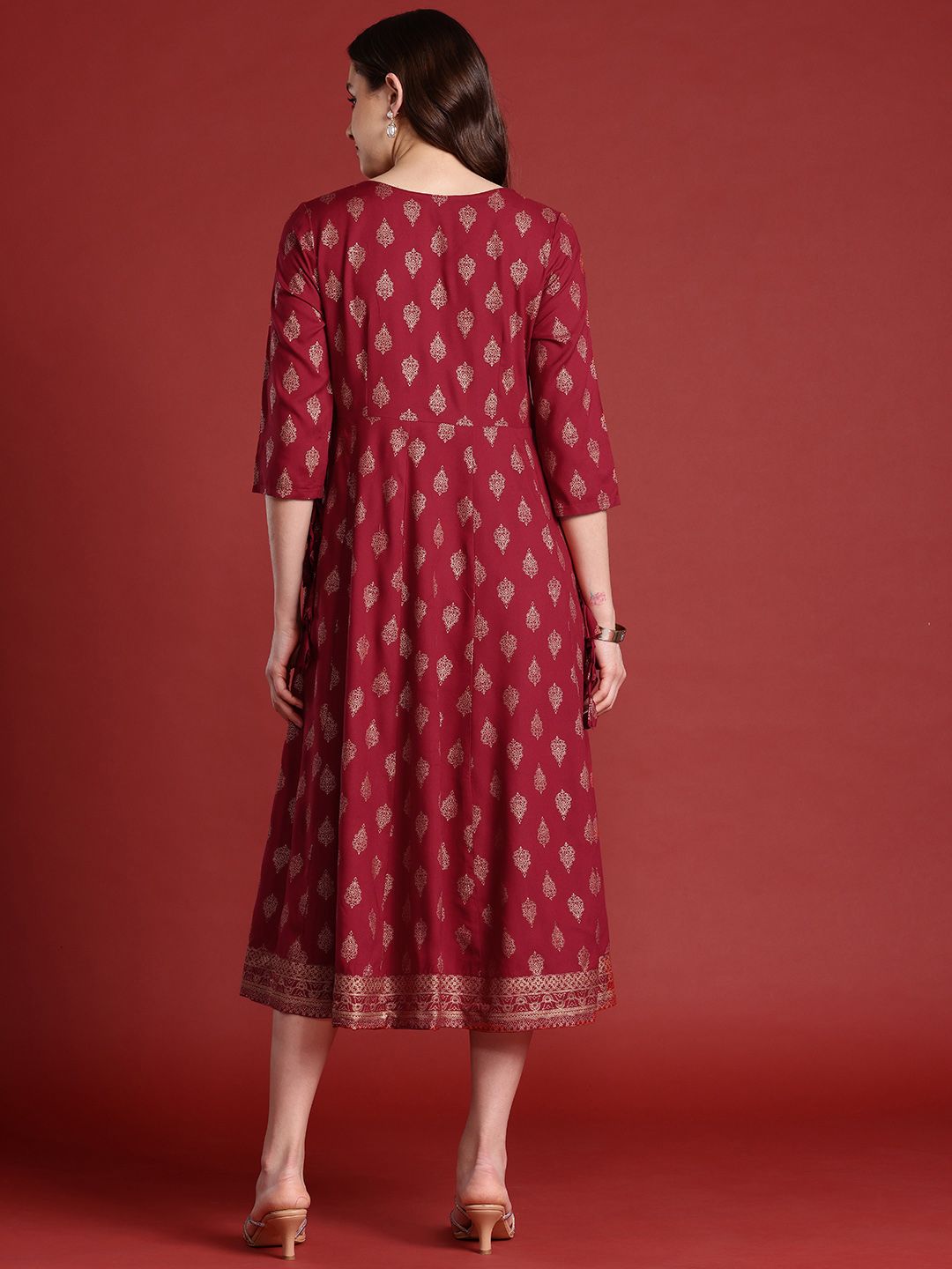 Anouk Tie-Up Tassels Detail Foil Print A-Line Midi Ethnic Dress