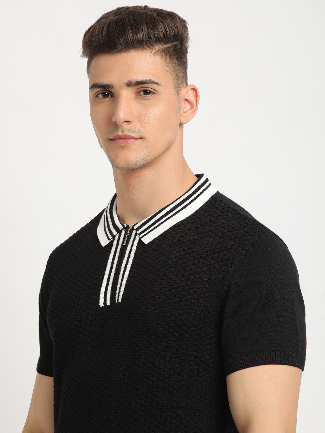 THE BEAR HOUSE Self Design Polo Collar Cotton T-shirt
