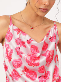 DressBerry Radiant Roses Satin Bow Tie-Up Ruffled Hem Top