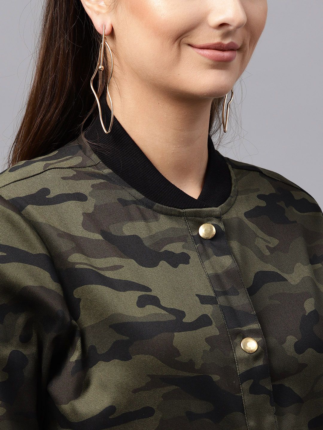SASSAFRAS Women Olive Green & Black Printed Bomber Jacket