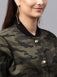 SASSAFRAS Women Olive Green & Black Printed Bomber Jacket