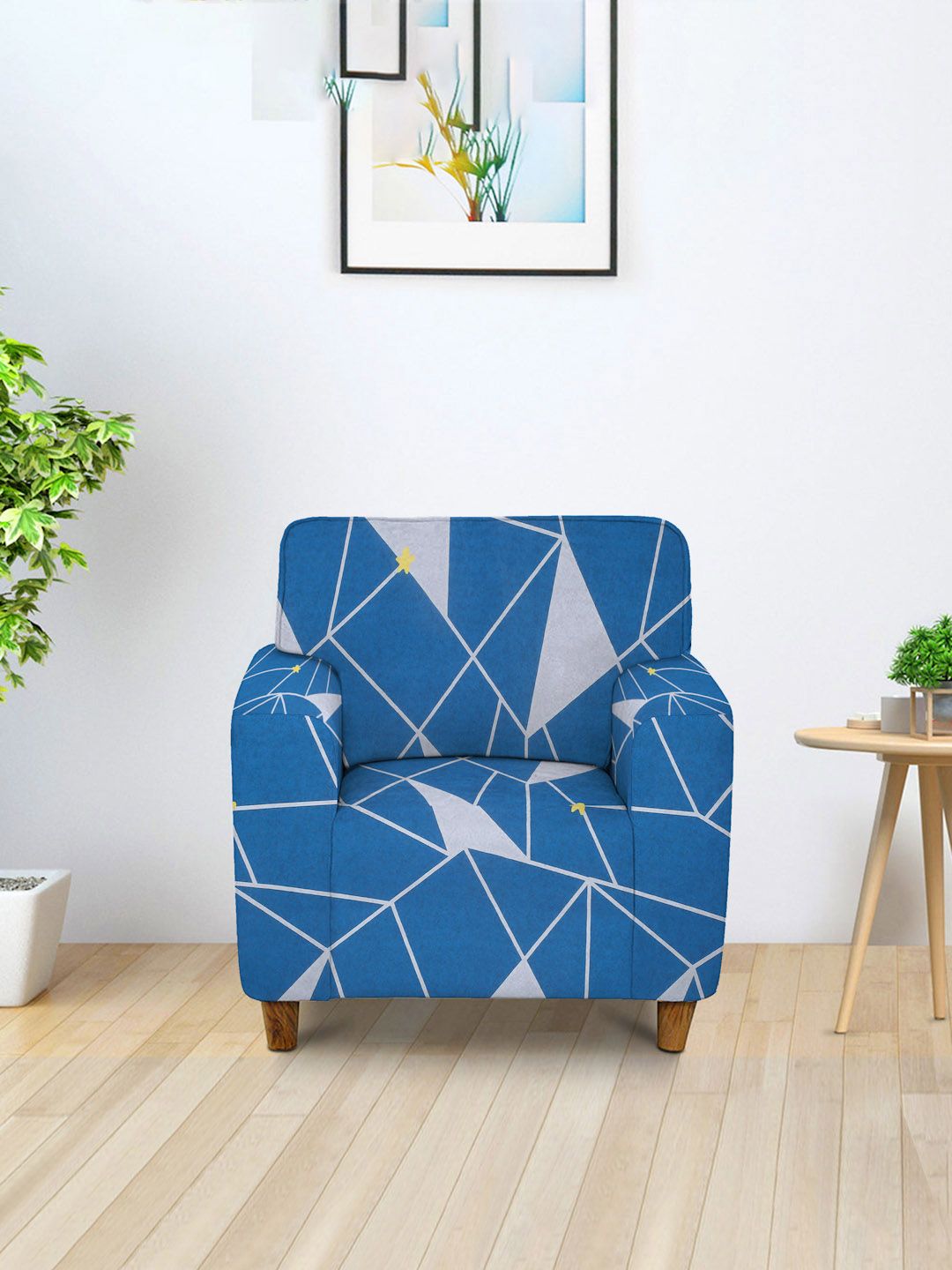 Cortina Navy Blue & White Printed Single-Seater Sofa Cover