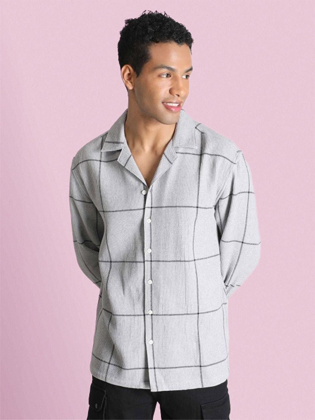 Bene Kleed Men Classic Cuban Collar Windowpane Checked Cotton Relaxed Fit Casual Shirt
