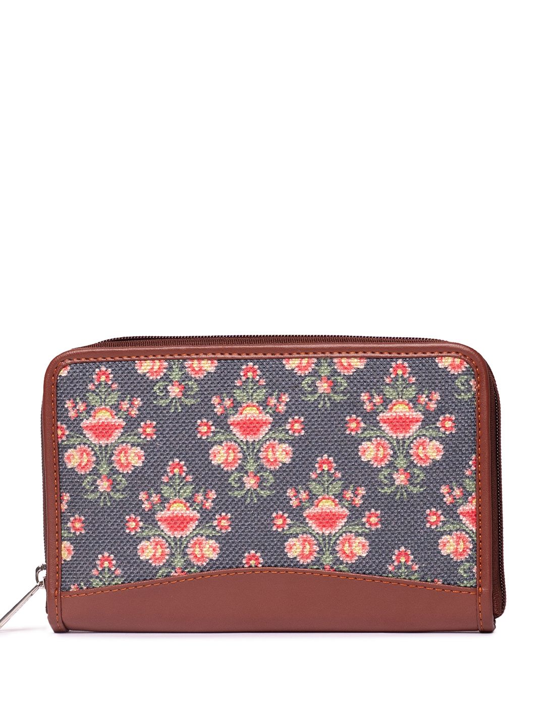 ZOUK Women Navy Blue & Pink Floral Printed Zip Around Wallet