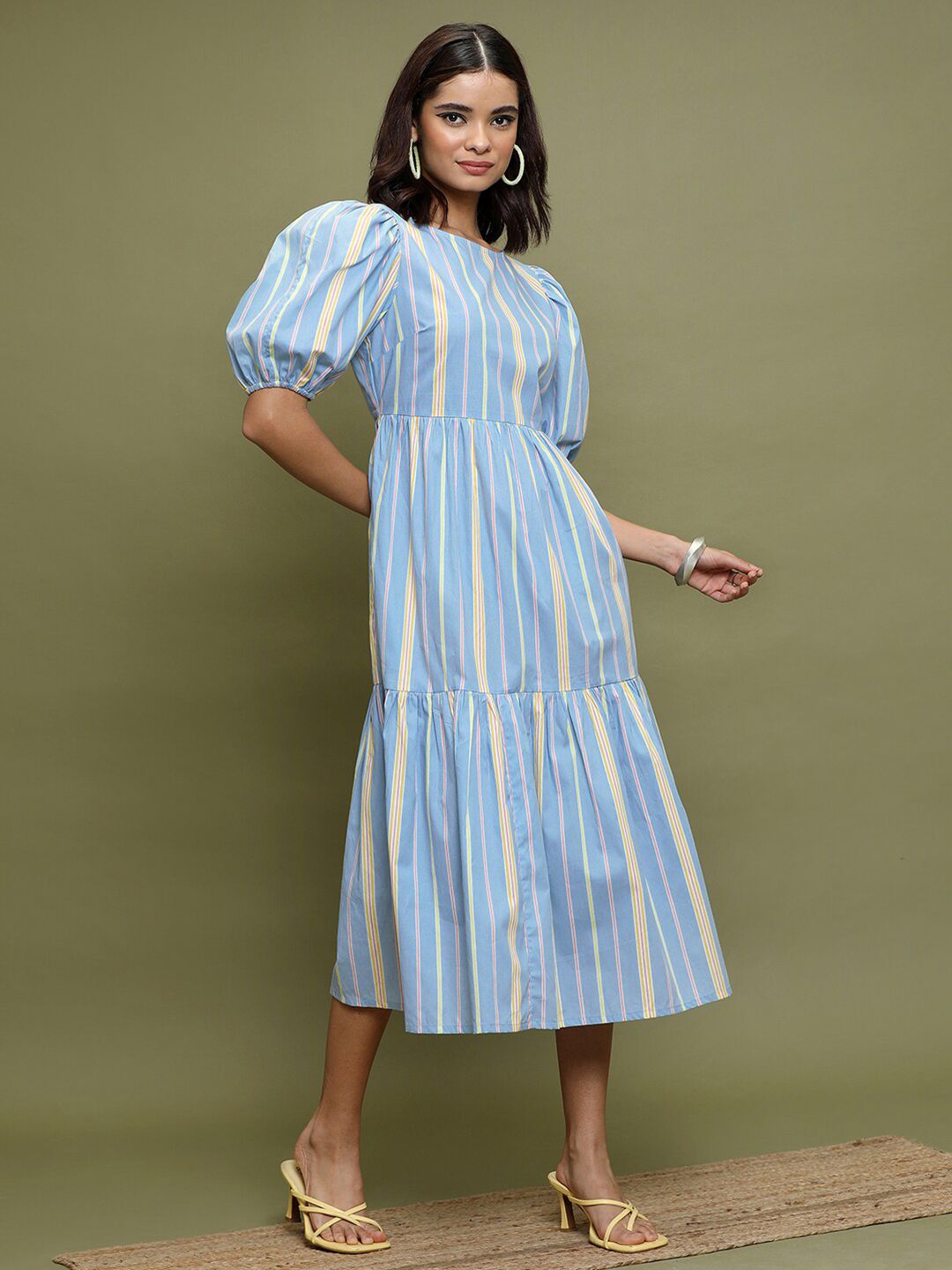 Vishudh Striped Puff Sleeves Gathered Cotton A-Line Midi Dress