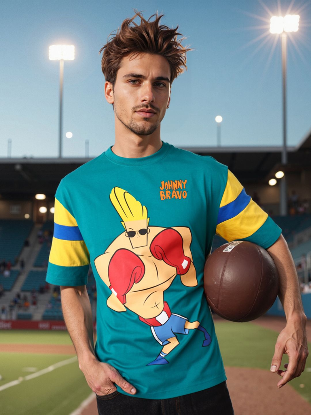 The Indian Garage Co Men Johnny Bravo Graphic Printed Round Neck Cotton Oversized T-shirt
