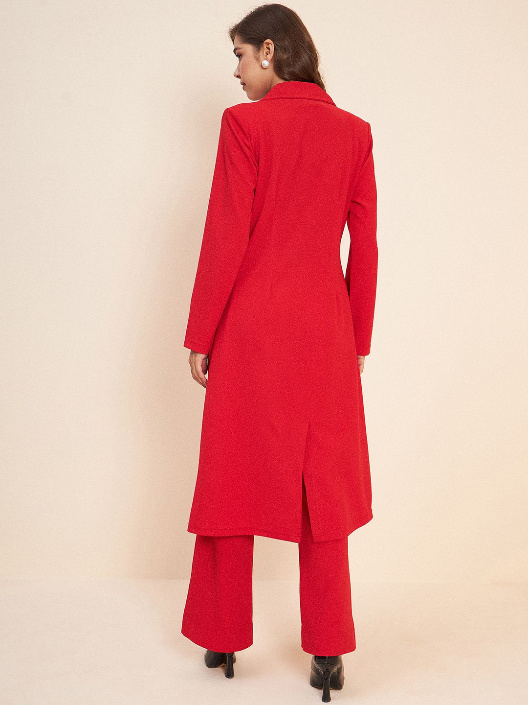 Antheaa Red Shawl Neck Long Line Coat & Trousers Co-Ords Set