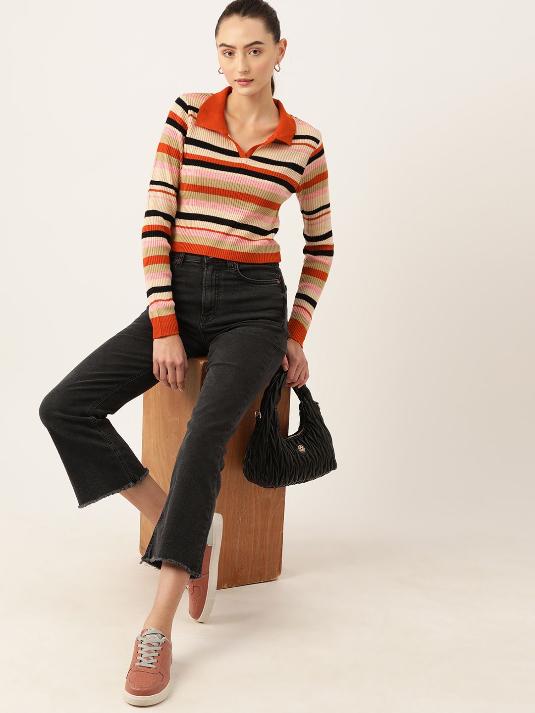 DressBerry Acrylic Shirt Collar Striped Pullover