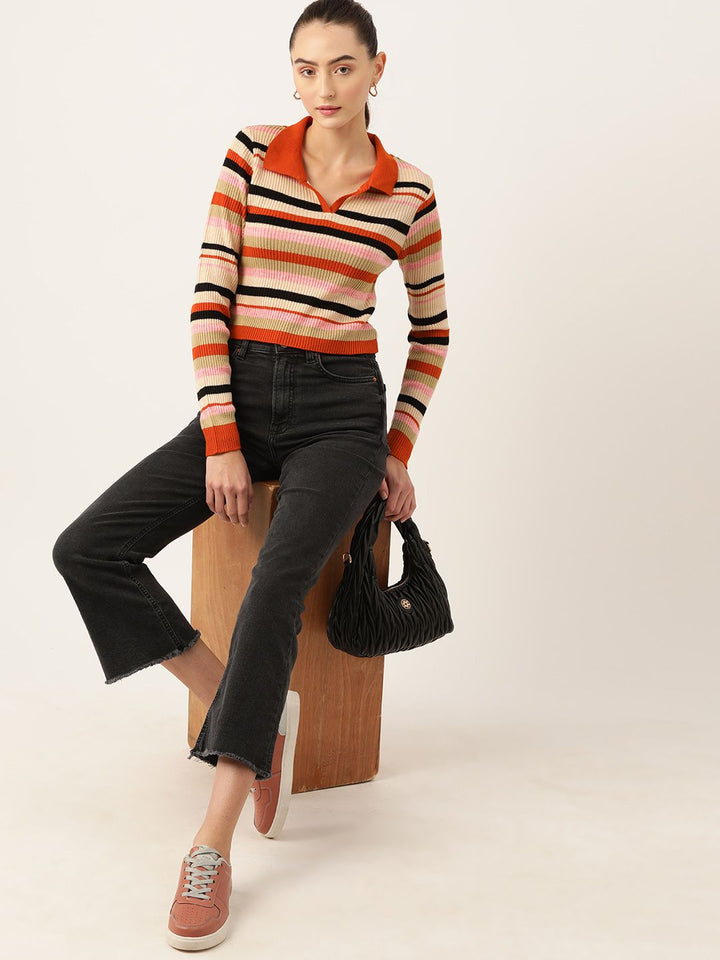 DressBerry Acrylic Shirt Collar Striped Pullover