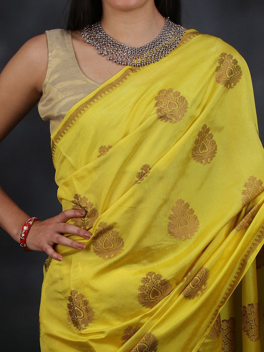 Exotic India Empire Yellow Woven Gold Bootis Pattu Saree With Horizontal Zari Work Pallu