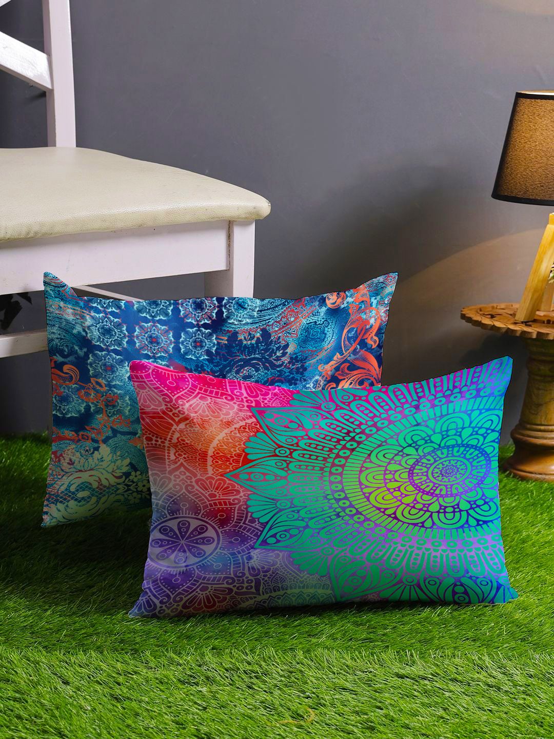 STITCHNEST Teal & Magenta Set of 2 Ethnic Motifs Rectangle Cushion Covers