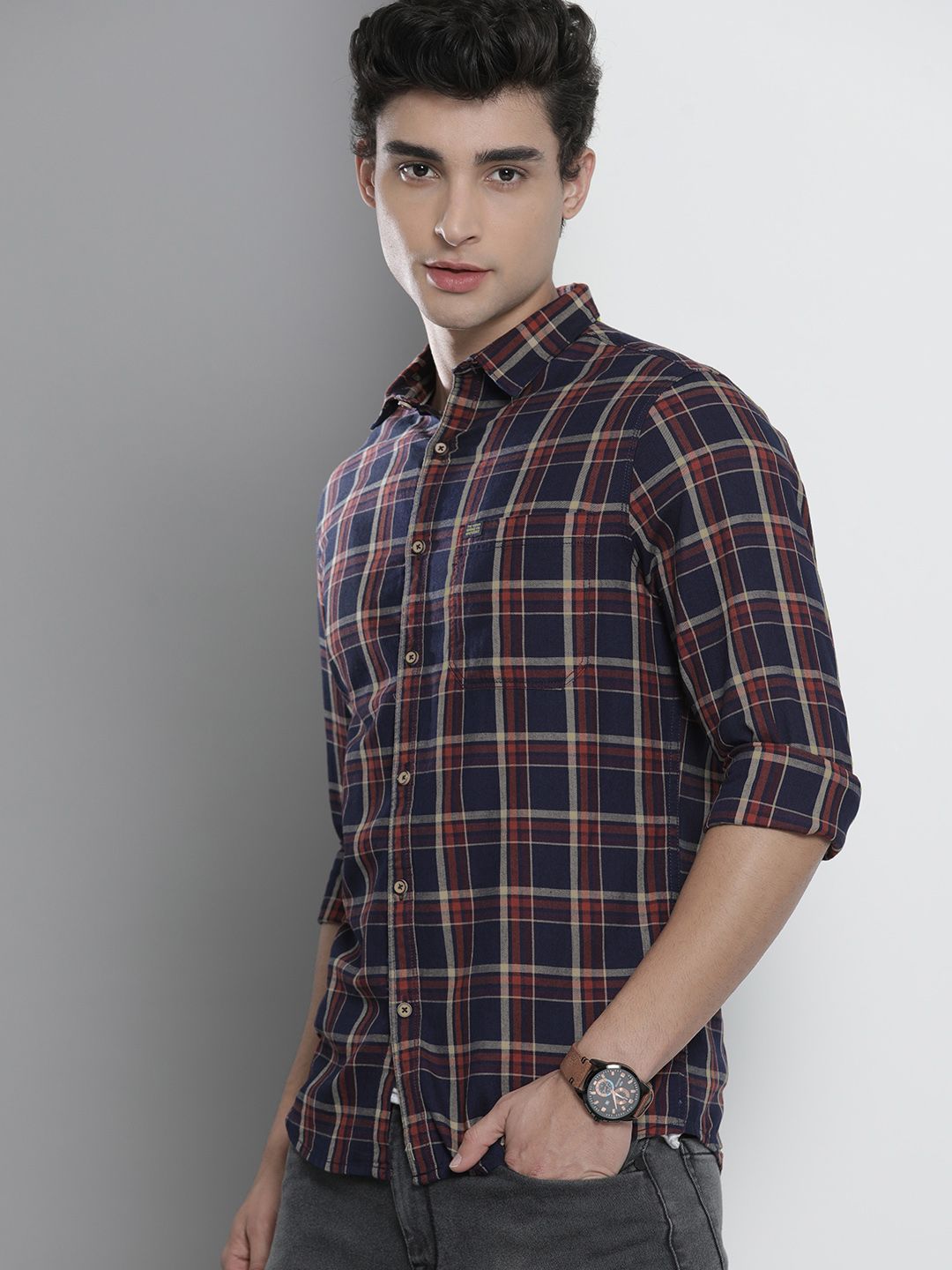 The Indian Garage Co Men Navy Blue & Orange Checked Casual Shirt