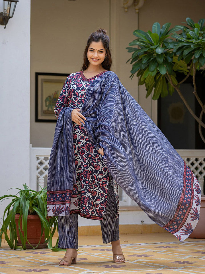 KALINI Floral Printed V Neck Straight Kurta With Trousers & Dupatta