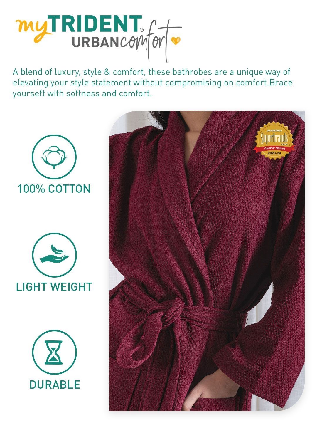 MYTRIDENT Urban Comfort Unisex Maroon 240 GSM Pure Cotton Bath Robe