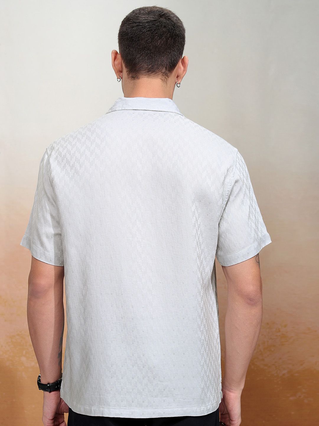 HIGHLANDER Men Dobby Textured Solid Cuban Collar Relaxed Shirt