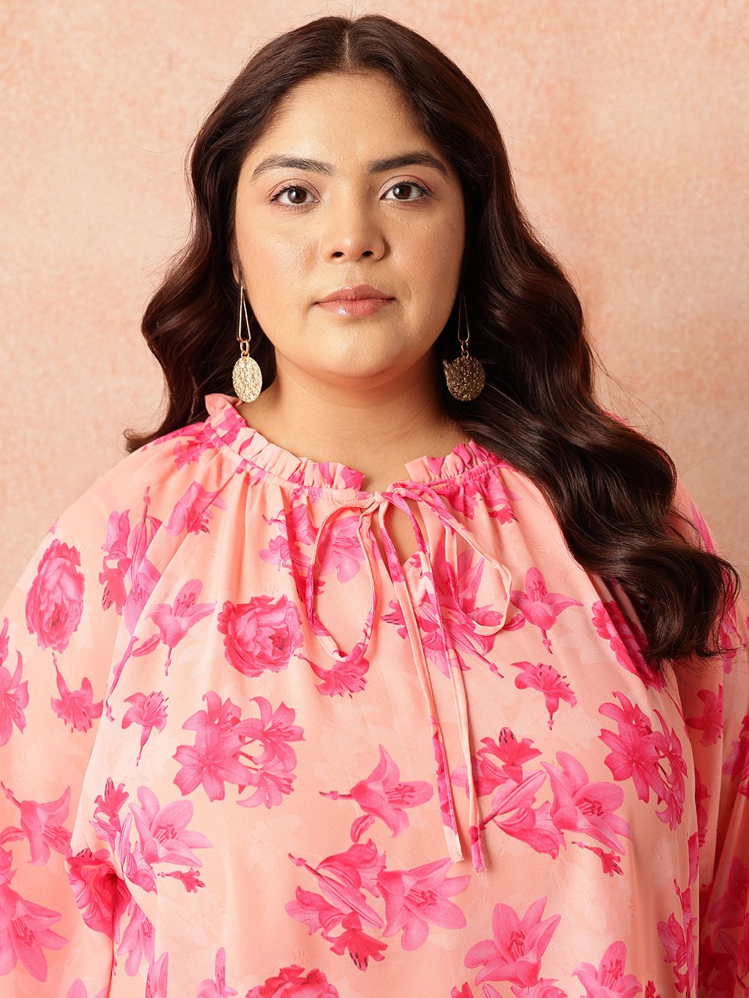 all about you Plus Size Floral Print Tie-Up Neck Puff Sleeves Semi-Sheer Georgette Top