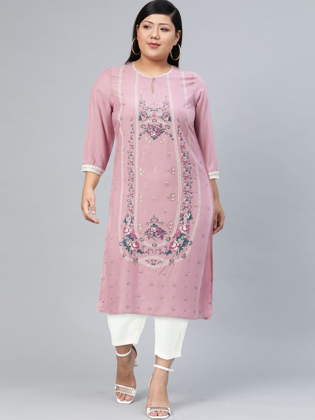 W Floral Printed Keyhole Neck Gotta Patti Kurta