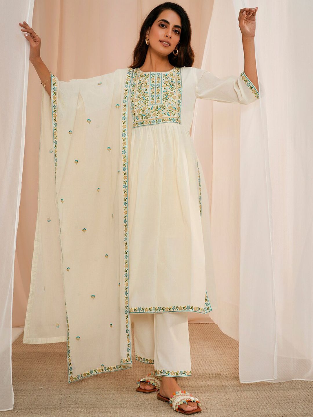 Libas Floral Yoke Design Pleated Thread Work Pure Cotton Kurta With Palazzos & Dupatta