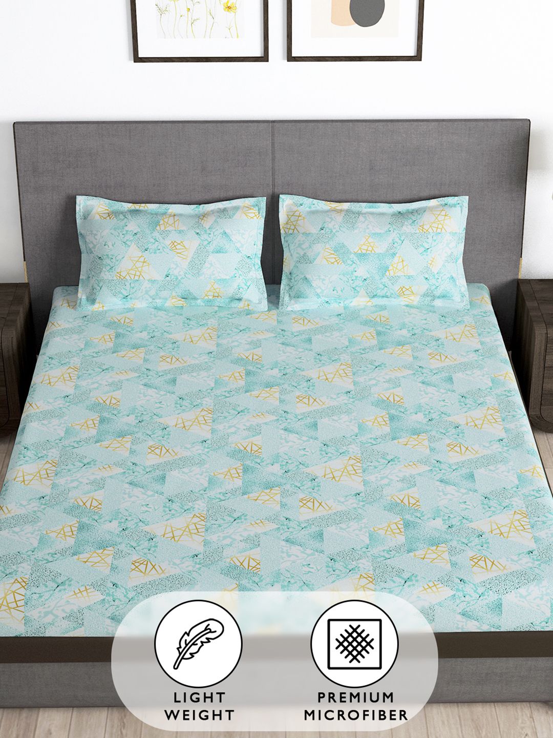 Story@home Aqua Blue 180 TC Abstract Queen Fitted Bedsheet With 2 Pillow Covers