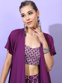 Vishudh Women Purple Panelled Kurti with Skirt & With Jacket
