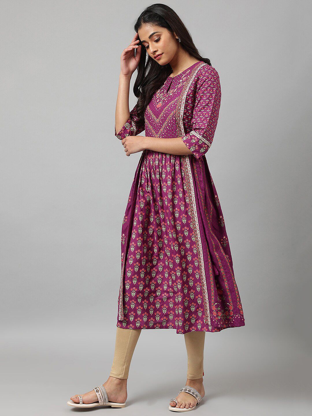 W Purple & Pink Floral Keyhole Neck Ethnic A-Line Midi Dress
