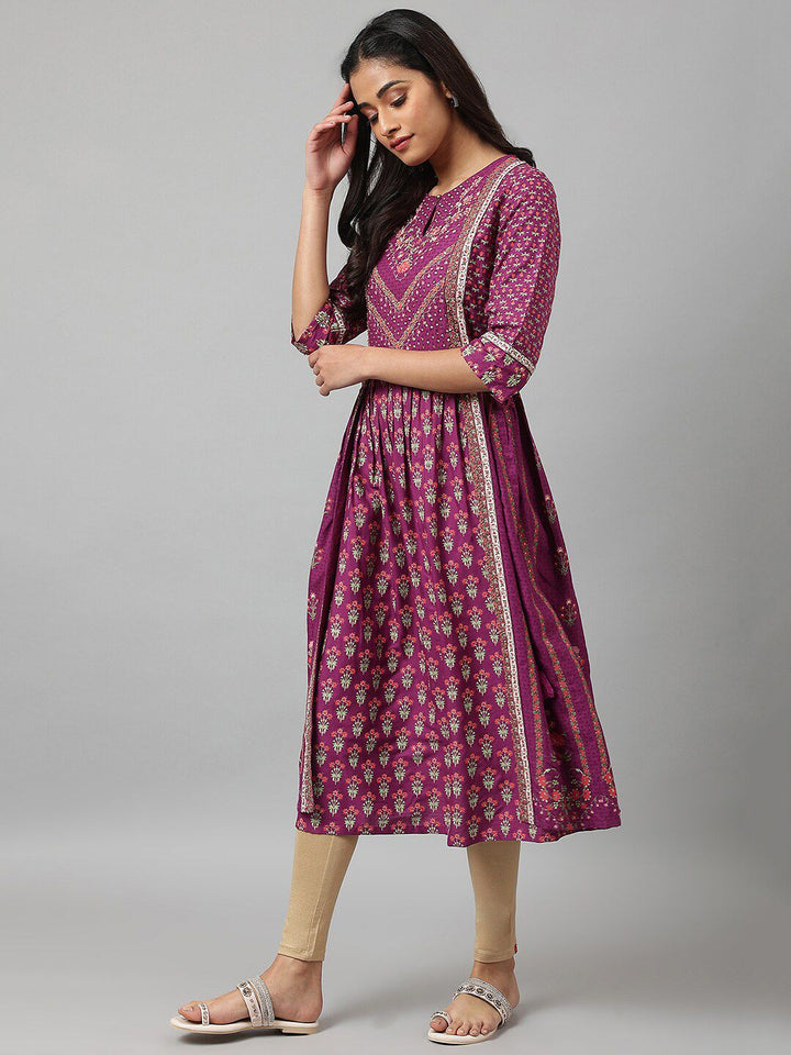 W Purple & Pink Floral Keyhole Neck Ethnic A-Line Midi Dress