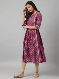 W Purple & Pink Floral Keyhole Neck Ethnic A-Line Midi Dress