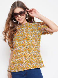 Berrylush Women Mustard Yellow & White Floral Printed Top