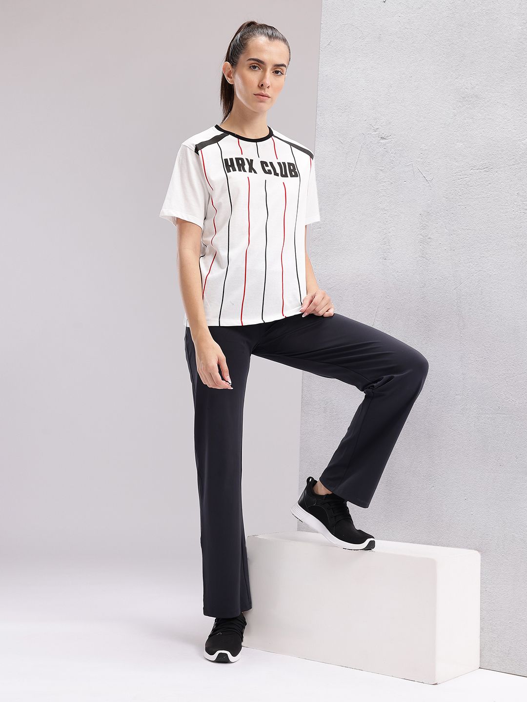 HRX by Hrithik Roshan Women Brand Logo Printed Striped T-shirt