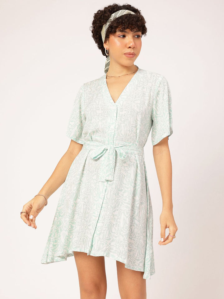DressBerry Pastel Abstract A-Line Mini Dress with Belt