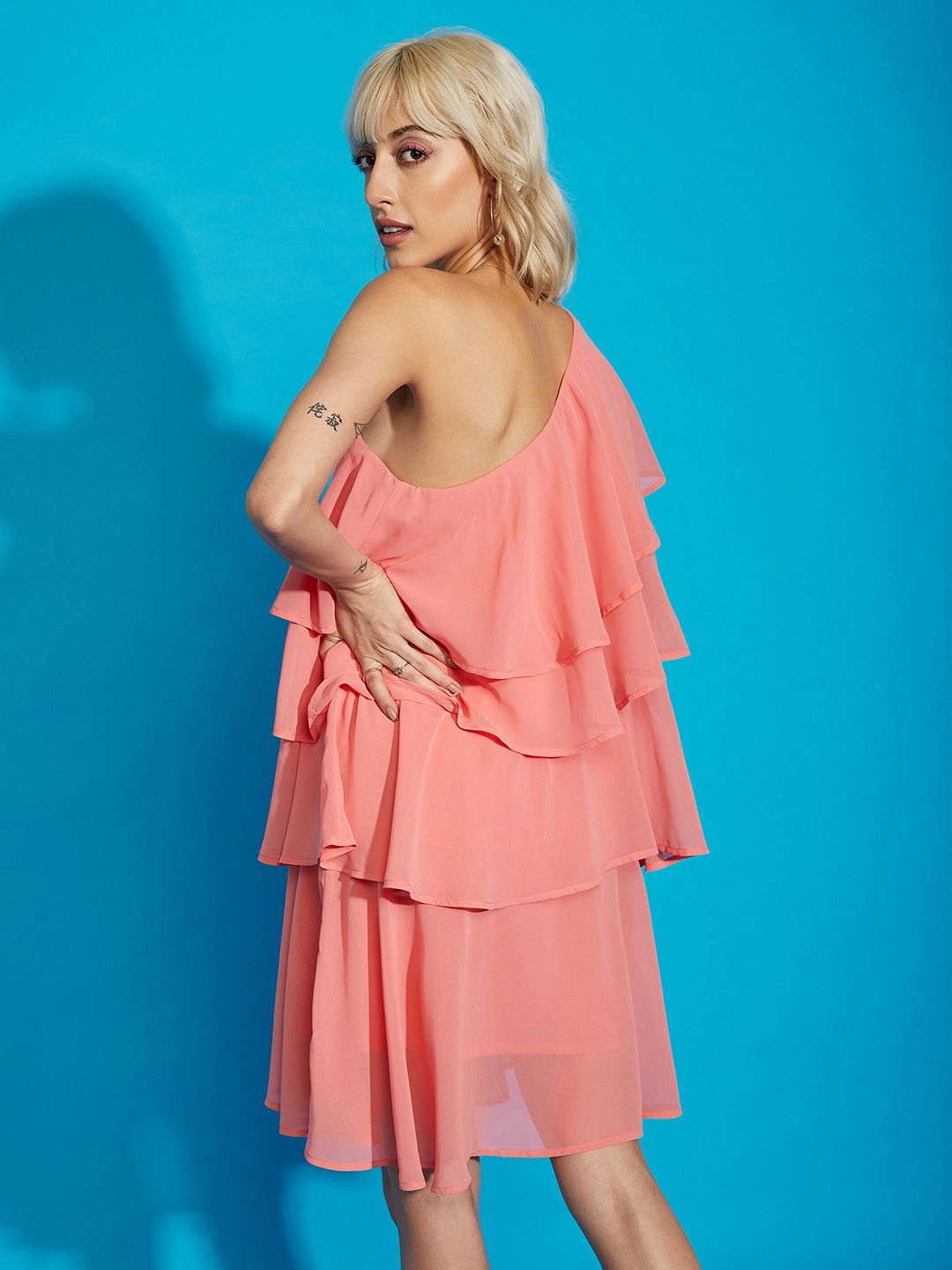 SASSAFRAS Pink One Shoulder Layered Georgette A-Line Dress
