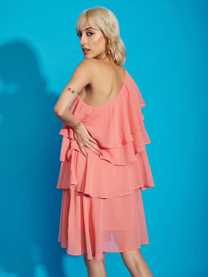 SASSAFRAS Pink One Shoulder Layered Georgette A-Line Dress
