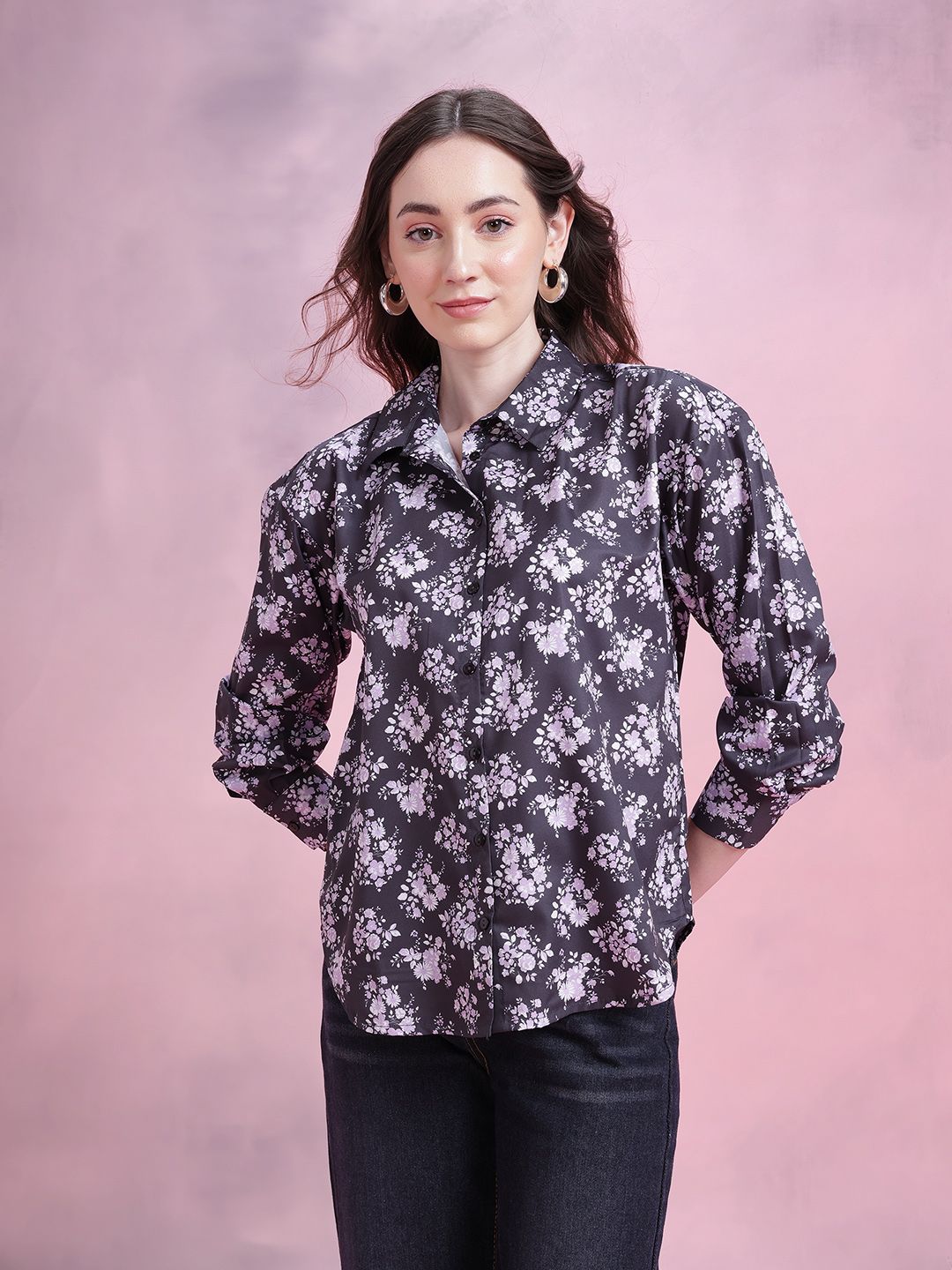 DressBerry Floral Print Spread Collar Casual Shirt